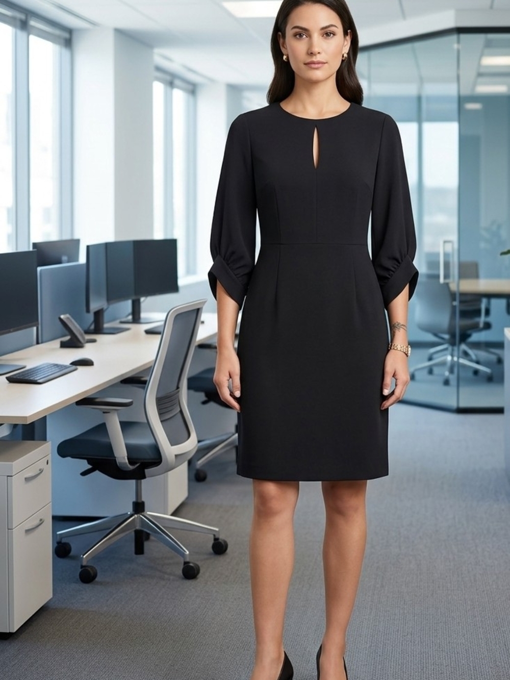 Calvin Klein Black Keyhole Sheath Dress with Twist Sleeves NWOT 14